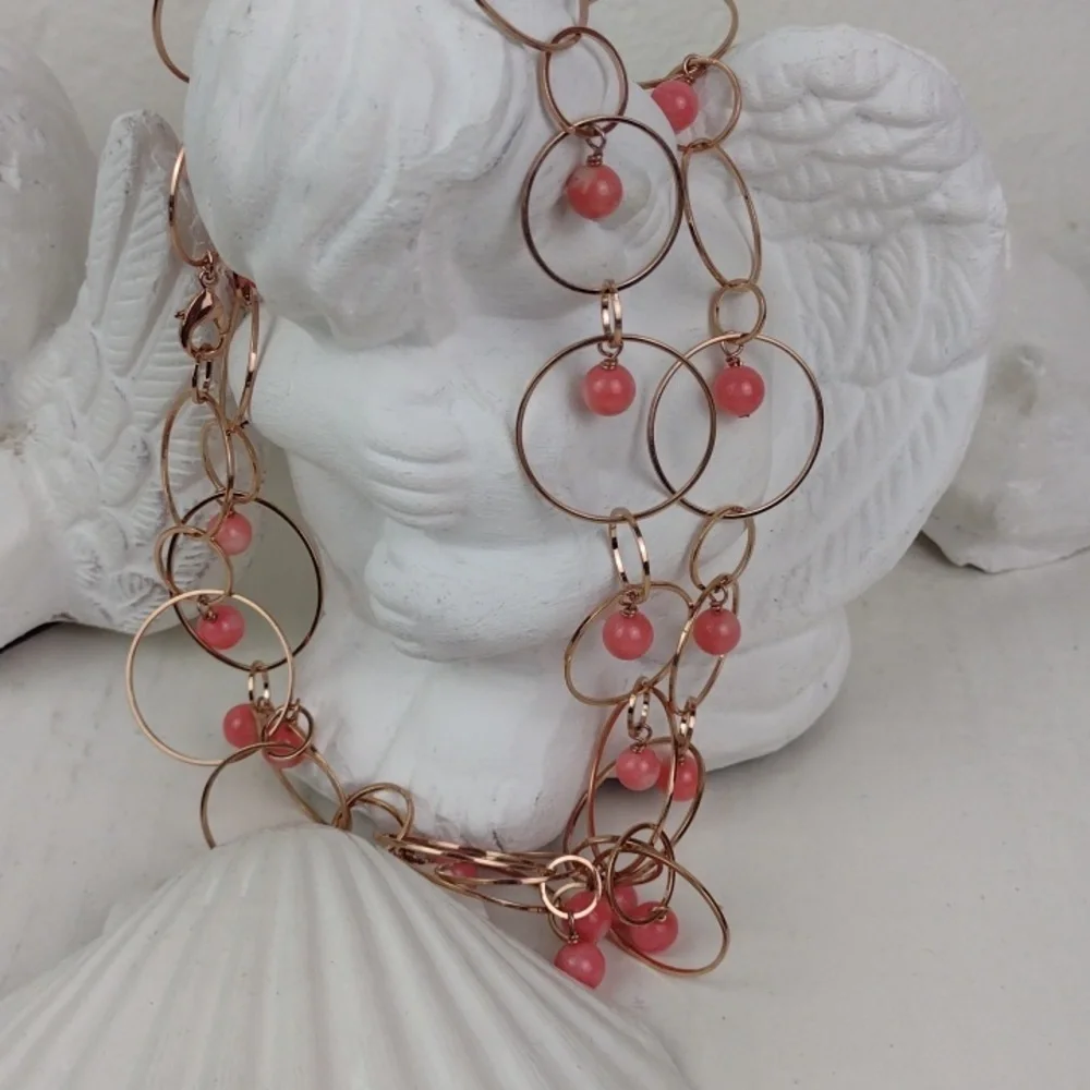 Dainty Gold Ring Chain Link Hoop & Coral Peachy Beads Necklace